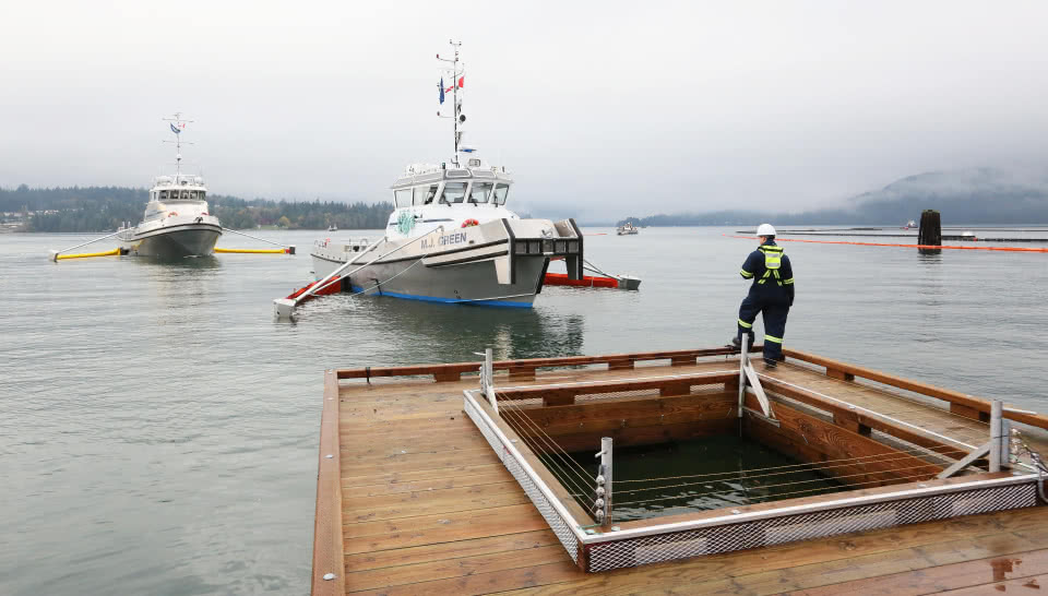 Kinder Morgan Canada, as required by the National Energy Board, conducts response personnel to practice the implementation of the Westridge Marine Terminal Emergency Response Plan, simulating a full scale deployment exercise involving an Incident Command Post and field deployment at the terminal.