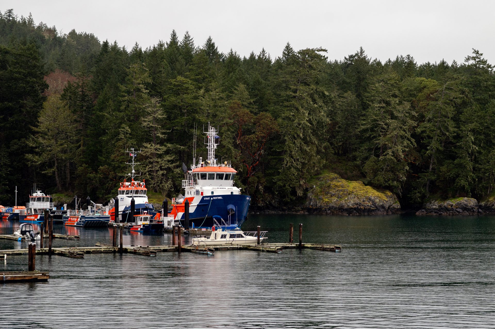 A spill response vessel at the WCRMRC Beecher Bay Response base.